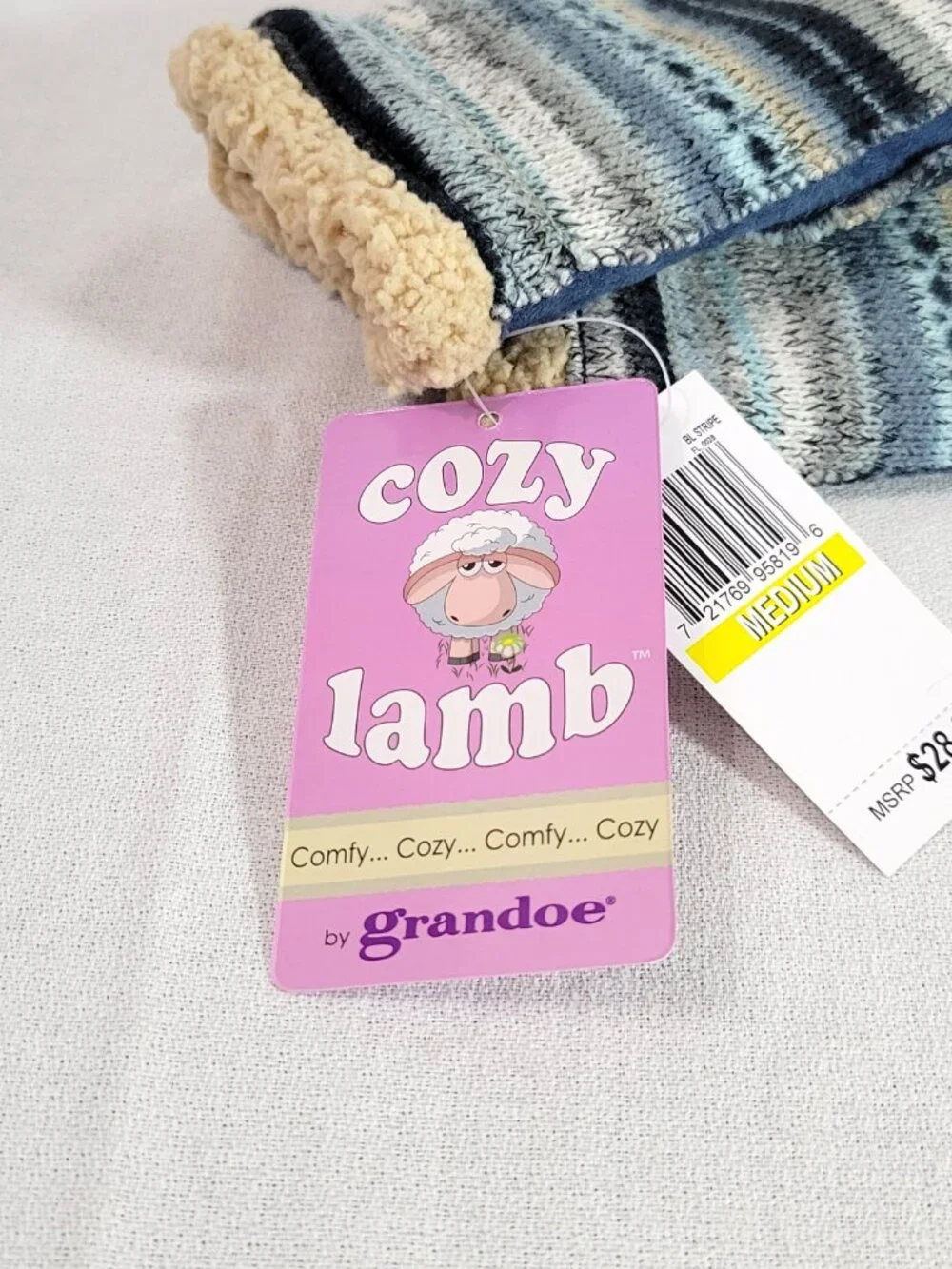NWT Grandoe Cozy Lamb Striped Knit Sherpa Lined Mittens Size M Blue Gray